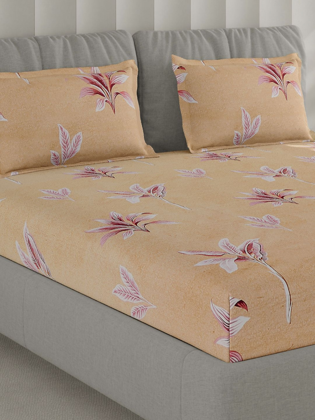 Monte Carlo Mustard & Off White Floral Printed 130 TC Queen Bedsheet Set 2.2 m x 2.5 m