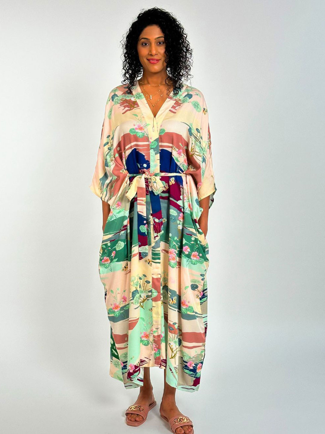 AltSleep Abstract Printed Midi Belted Kaftan Dress