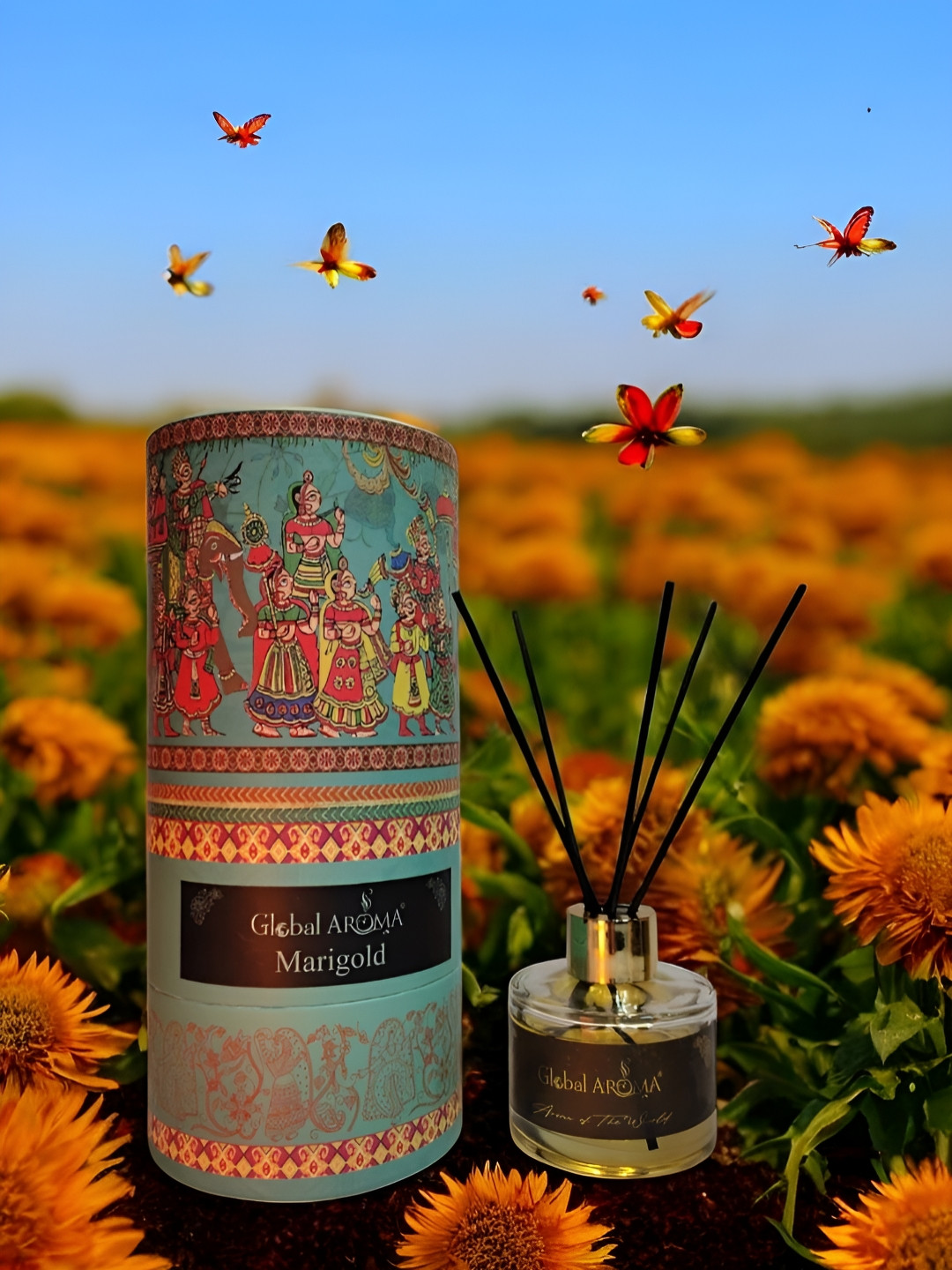 GLOBAL AROMA Blue & Red Marigold Reed Aroma Oil Diffuser & Sticks120 ml