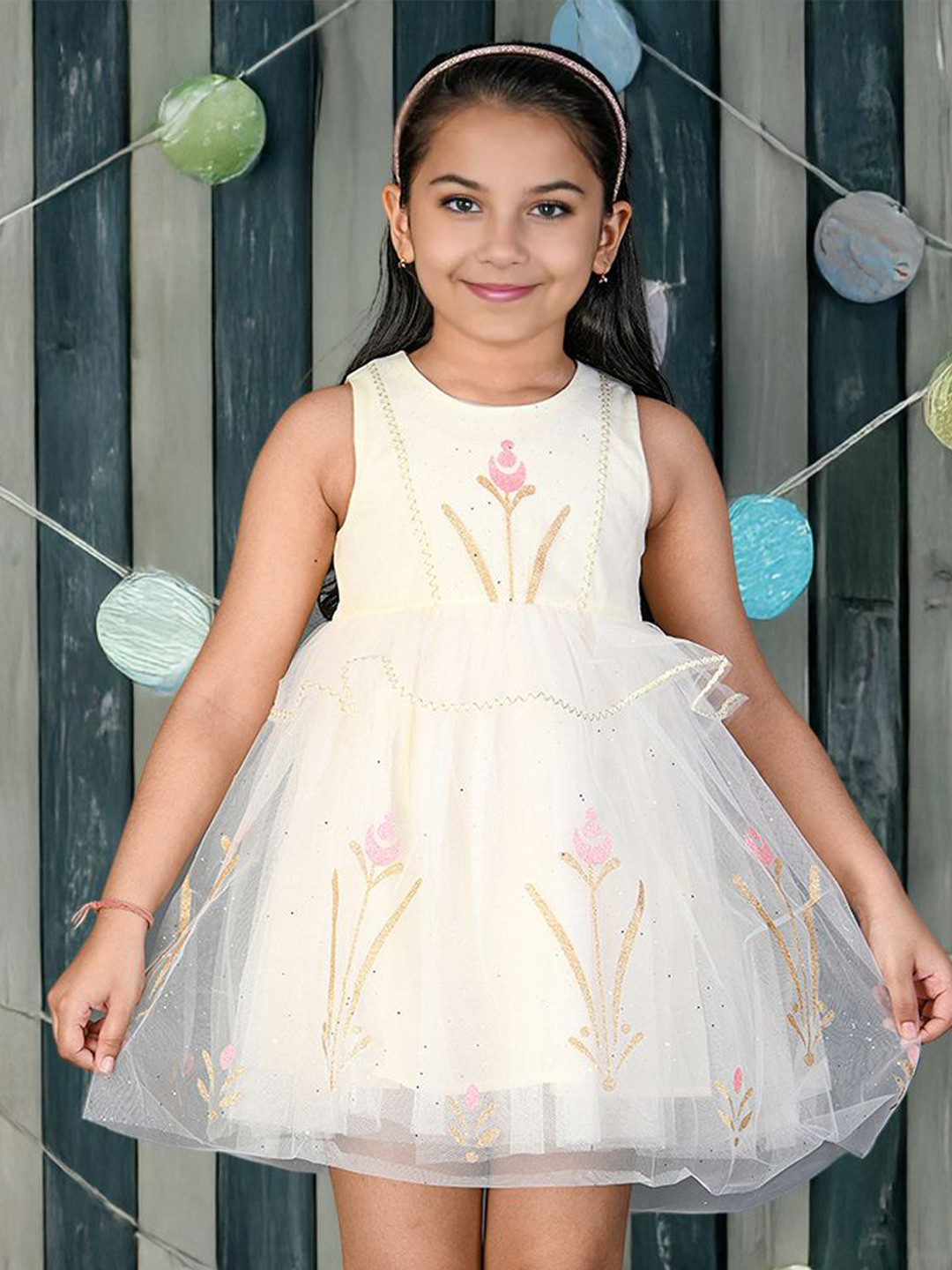 Kids On Board Girl's White Floral Net Embellished Fit & Flare Dress