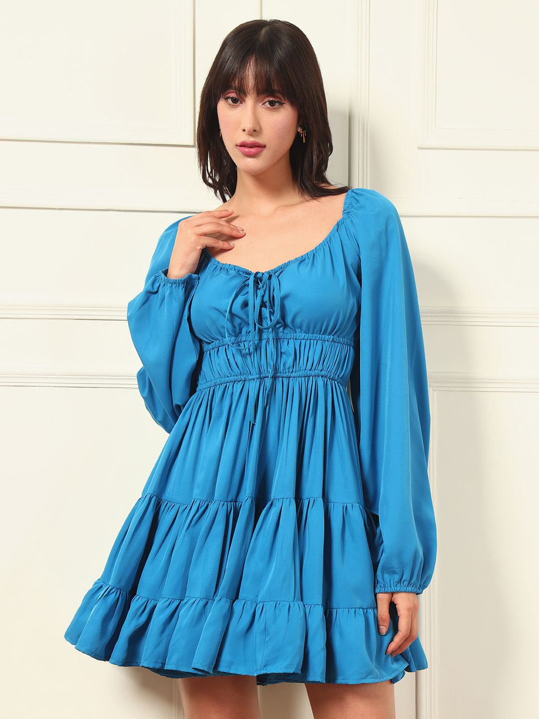 BAESD Women Solid Gathered or Pleated Tie-Up Neck Cotton Fit & Flare Above Knee Dress