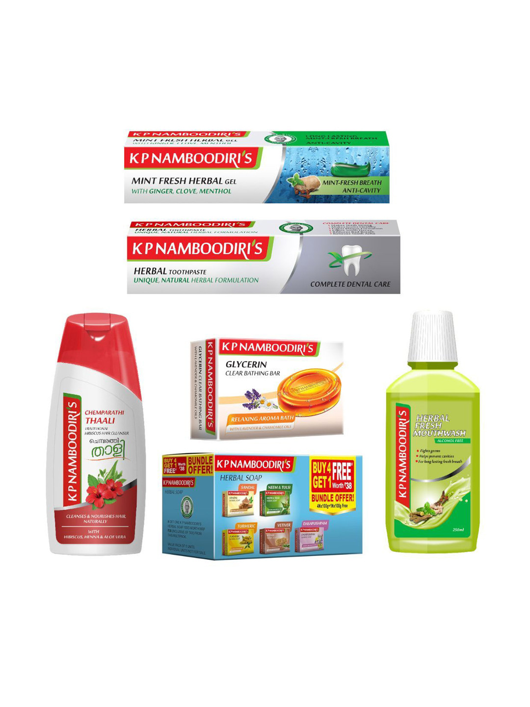 K P Namboodiri's Set Of 5 Toothpaste, Mouthwash, Soap & Hair Cleanser