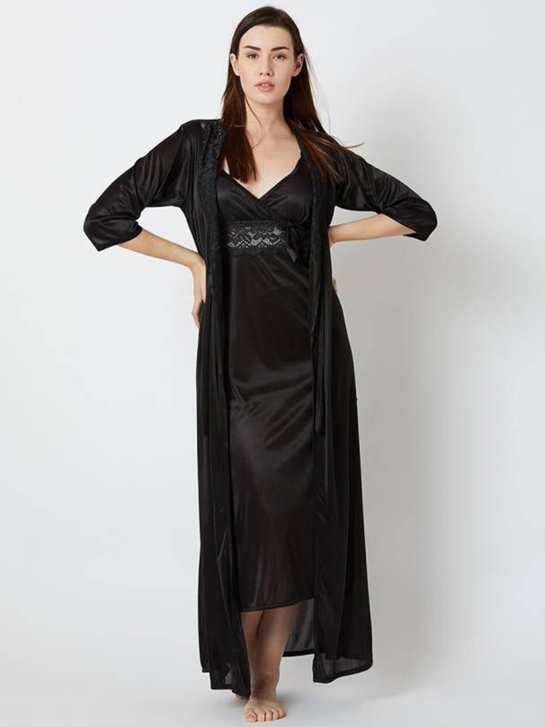 OVIDA Women Black Maxi Nighty with Robe Wrap Nightdress
