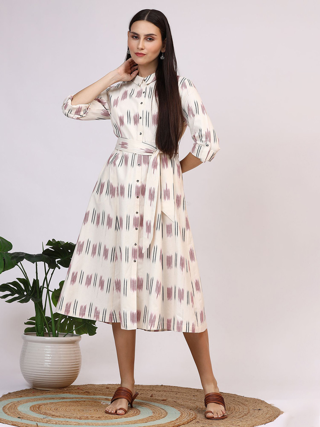 W Printed Lapel Coller Roll-Up Sleeves Shirt Dress