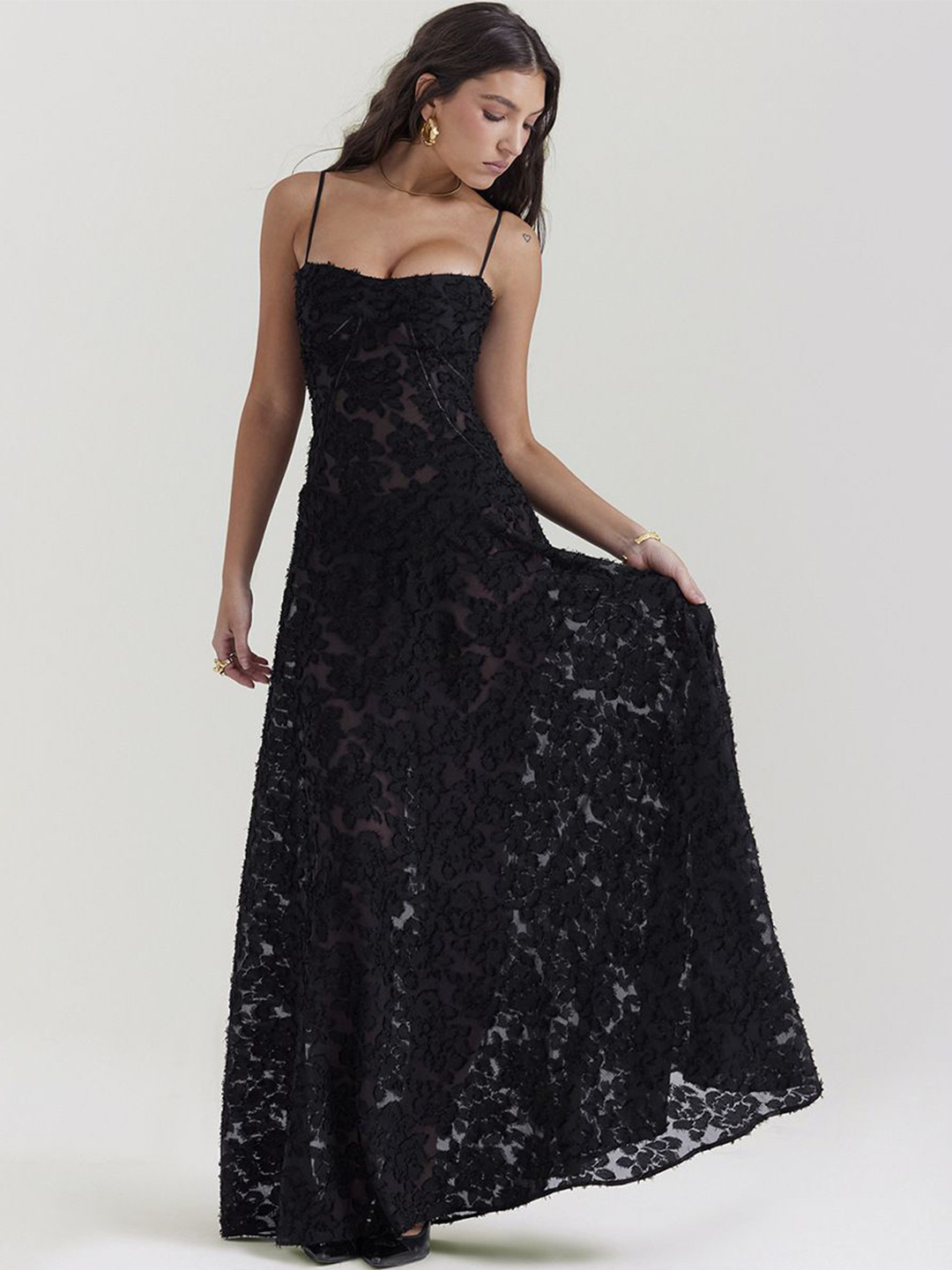 bebe Black Floral Textured Mesh Spaghetti Strap A-Line Maxi Dress
