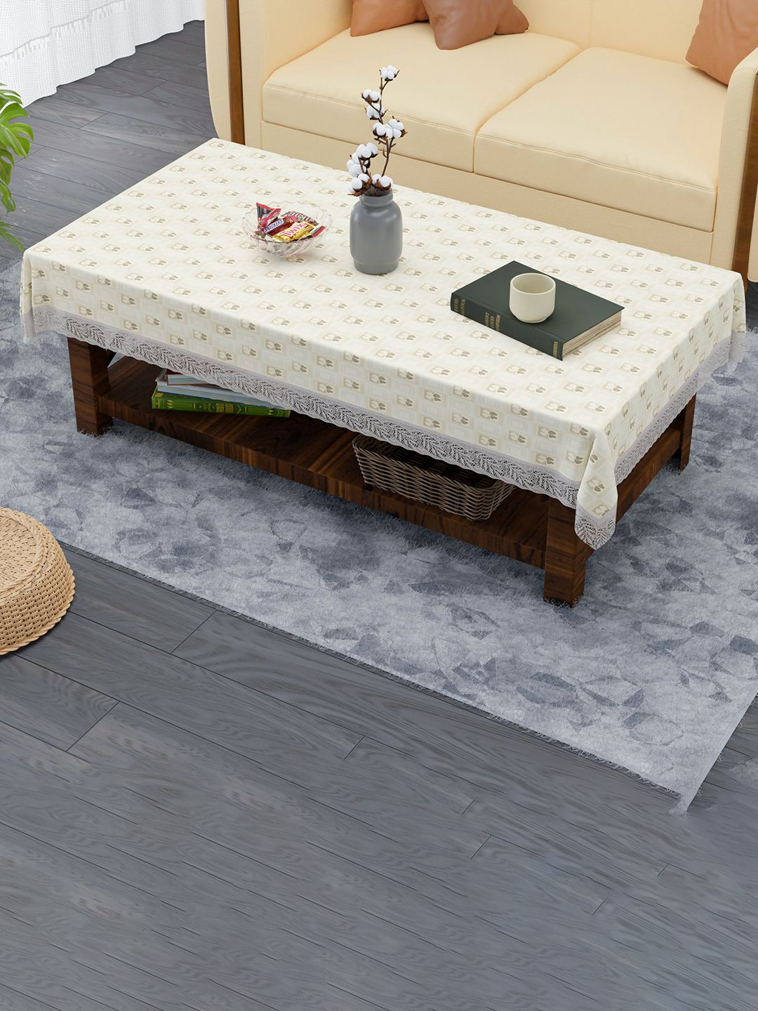 Kuber Industries Cream-Coloured & Brown Ethnic Motifs PVC 4-Seater Rectangle Table Cover