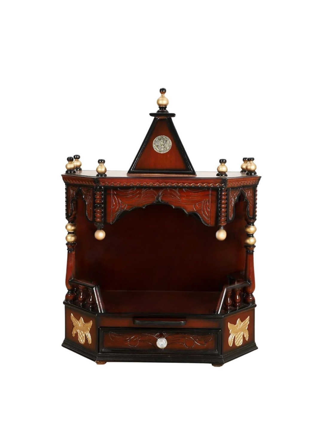 DZYN Furnitures Brown & Yellow Wooden Anugrah Wall Mount Pooja Mandir