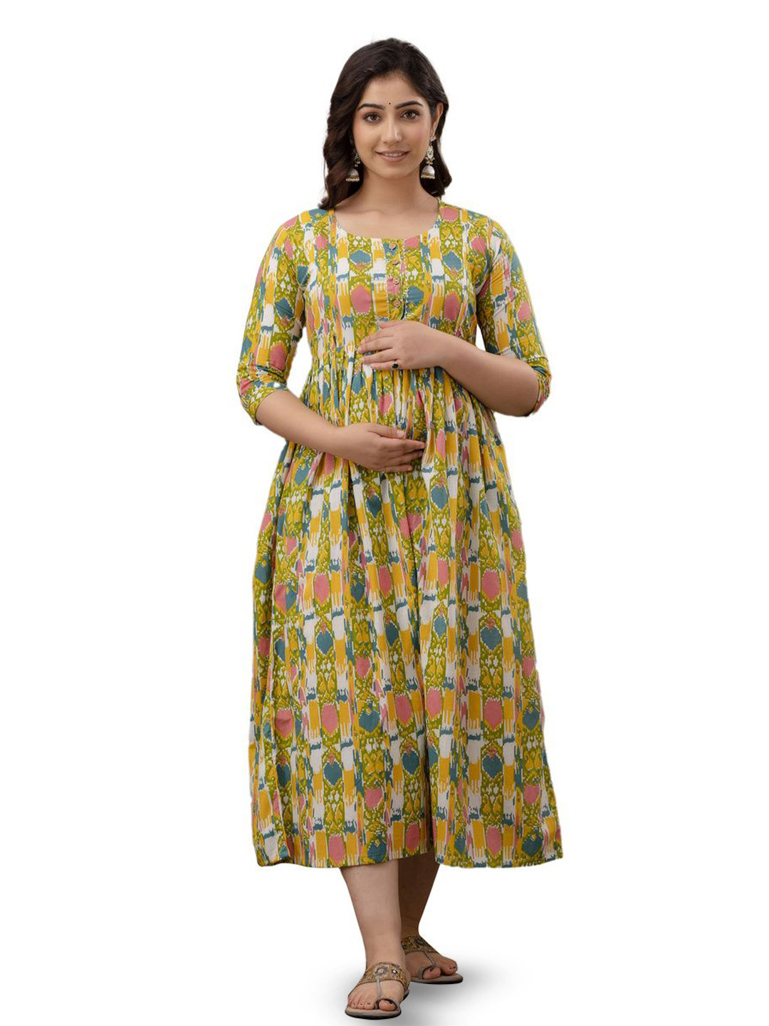 ANUOM Yellow Abstract Print Maternity Fit & Flare Dress