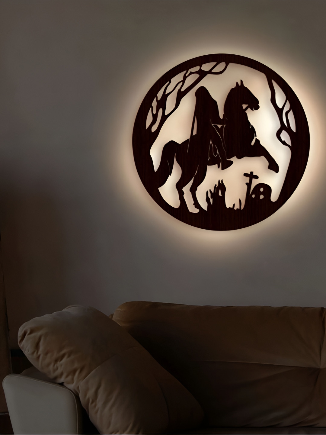 DEKORSTATION Brown Textured Wooden Ghost Rider Shaped Wall Lamp