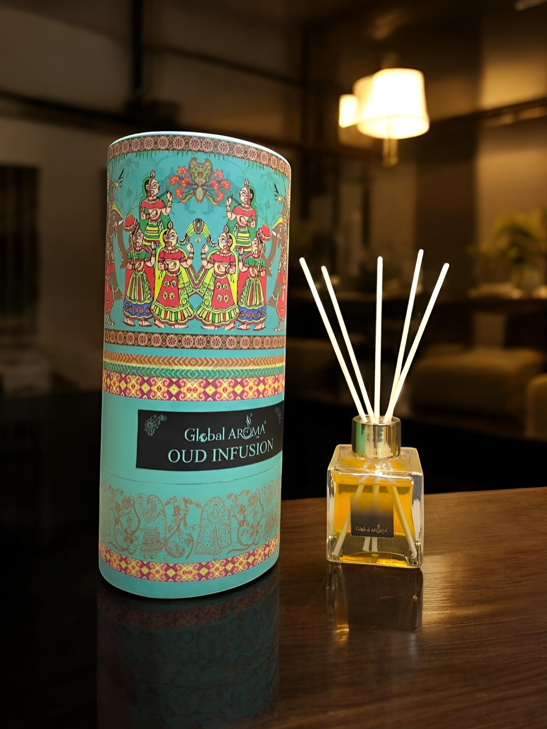 GLOBAL AROMA Blue & Red Printed Oud Infusion Reed Aroma Oil Diffuser & Sticks 100ml
