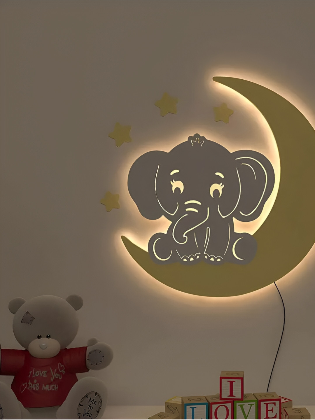DEKORSTATION Yellow Textured Wooden Baby Elephant on Moon Night Light Shaped Wall Lamp