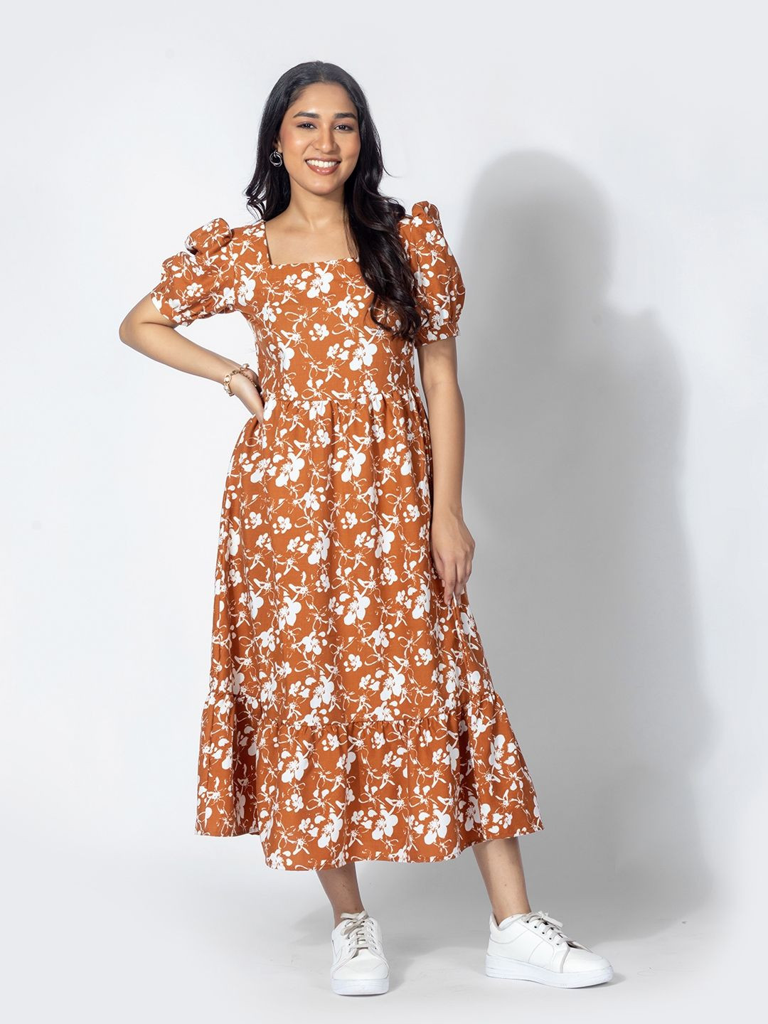 Murcia Floral Print Puff Sleeve Linen Fit & Flare Midi Dress