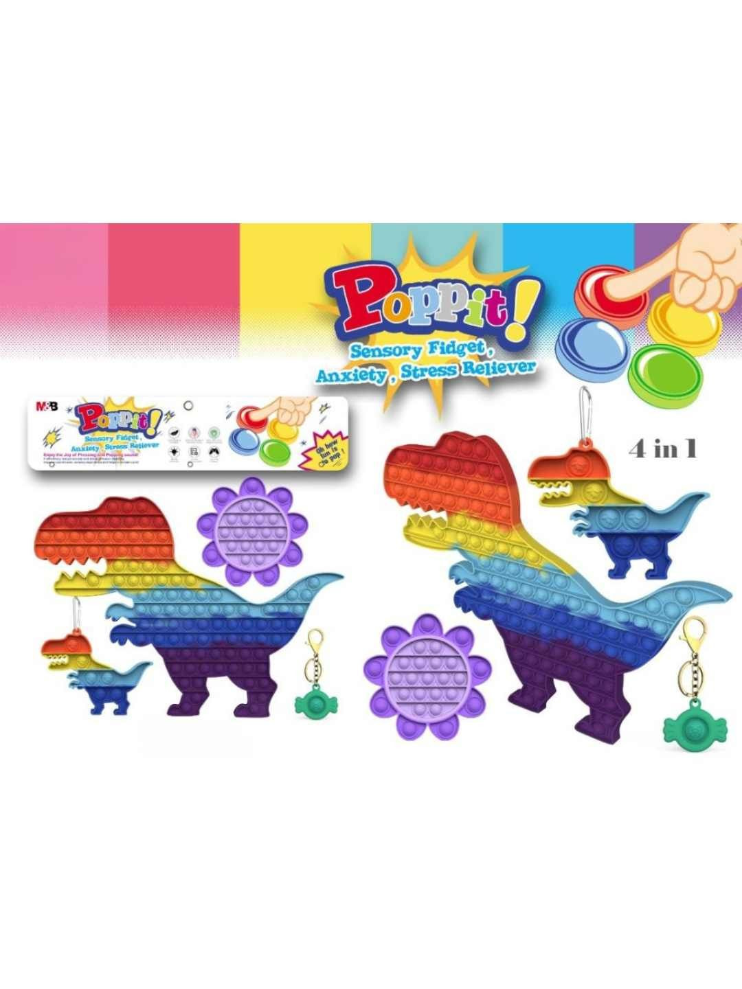 YK Kids 4-in-1 Dinosaur-Themed Push Pop Bubble Fidget Toy Set