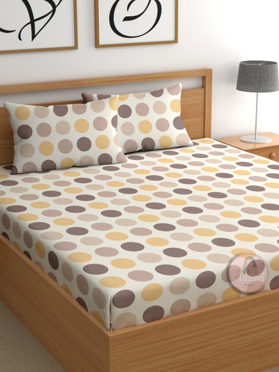 CHHAVI INDIA Lifestyle Beige Geometric Microfiber Dotted 210 TC King Fine Bedsheet with 2 Pillow Covers-275 x 275 cm