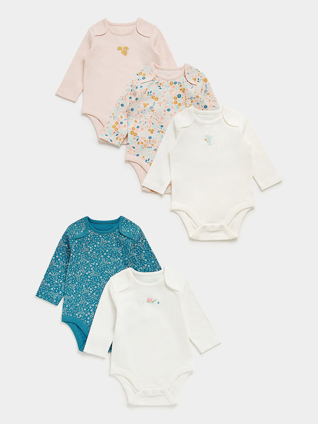 mothercare Girls Pack Of 5 Floral & Elephant  Printed Pure Cotton Bodysuits