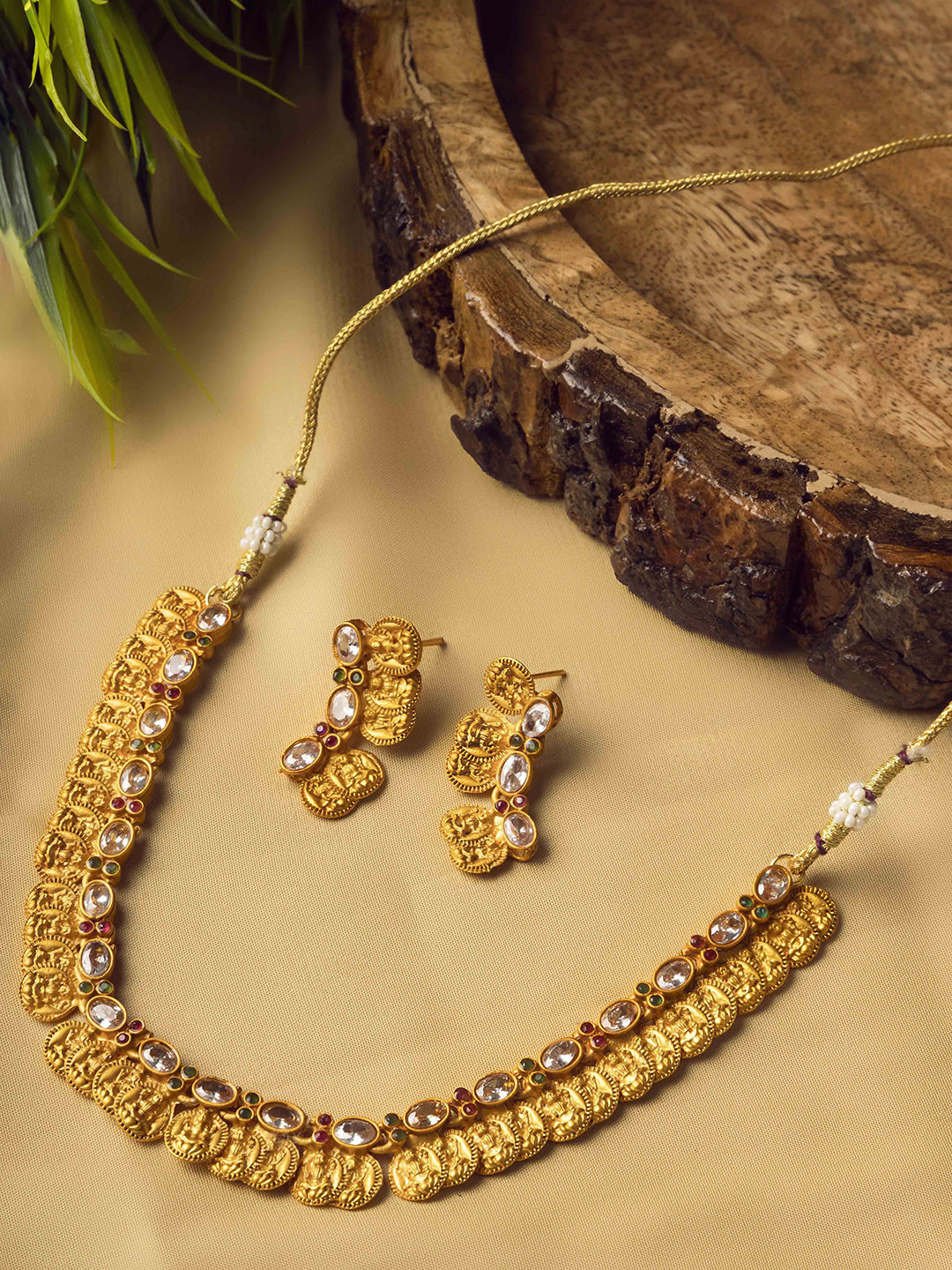 StileAdda Gold Plated Stone Studded Lakshmi Goddess Coins Jewellery Set