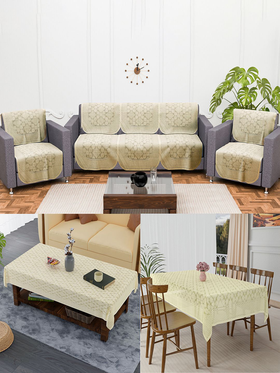 Kuber Industries Cream-Coloured 12 Pieces Printed Cotton Sofa Covers & Dining Table Cover