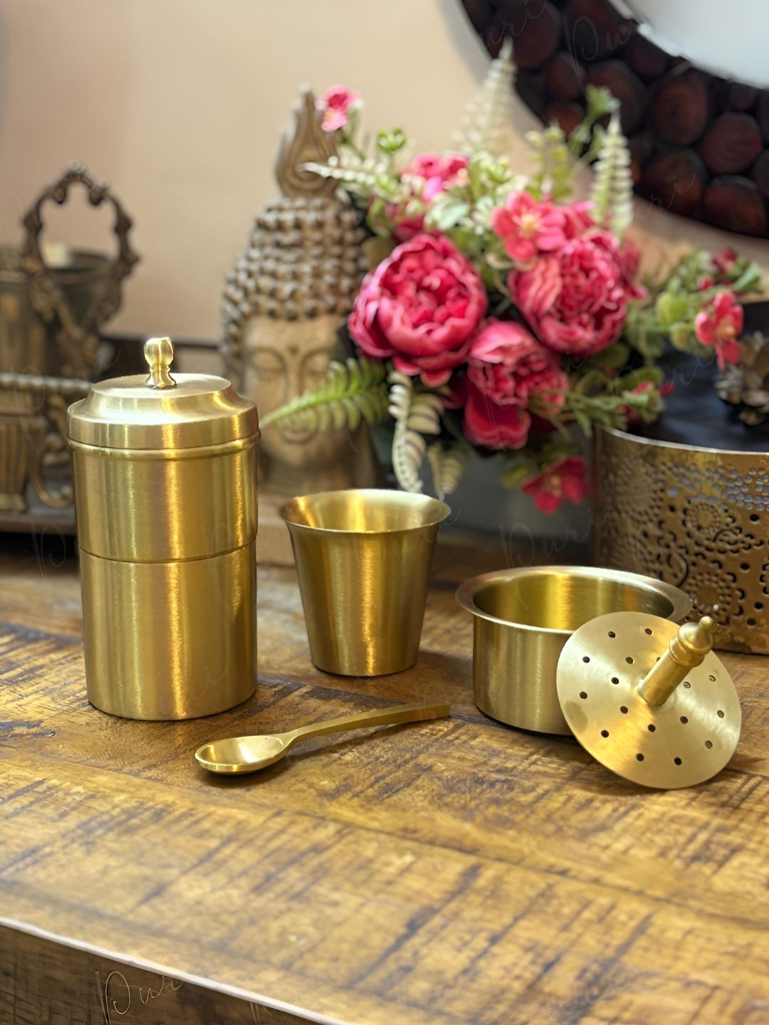 PURI Brass South Indian Matt Finish Coffee Filter with DABARA Set and 1 Small Spoon-150 ml