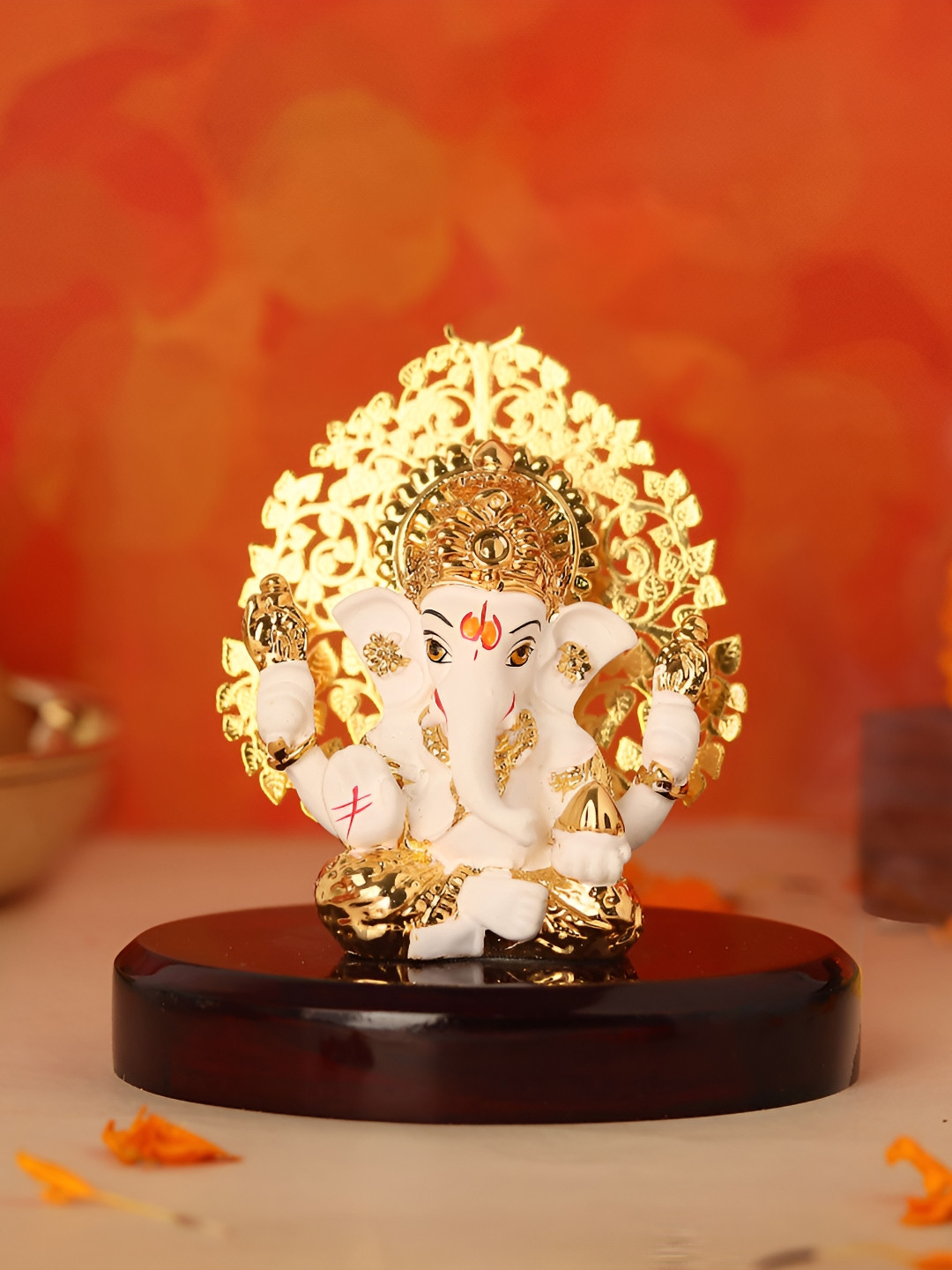 HOUSE OF WEMY Ganesha with Kalpavriksha White Polyresin Glossy Prayer Room Tiny Showpiece - 3 Inches
