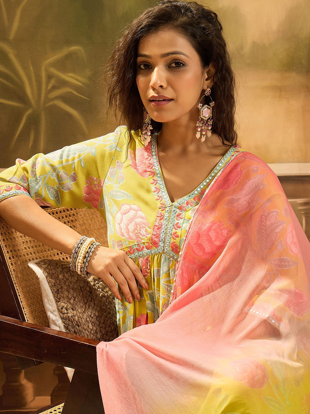 Sangria Floral Printed & Embroidered Alia Cut Kurta & Palazzo With Dupatta