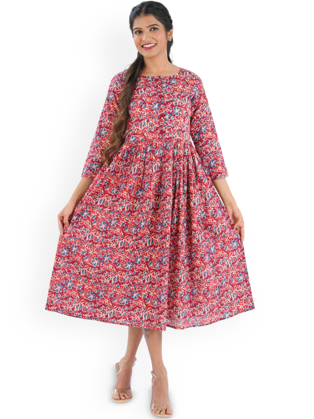 30 Looks Printed Cotton Flared Midi Ethnic Dress