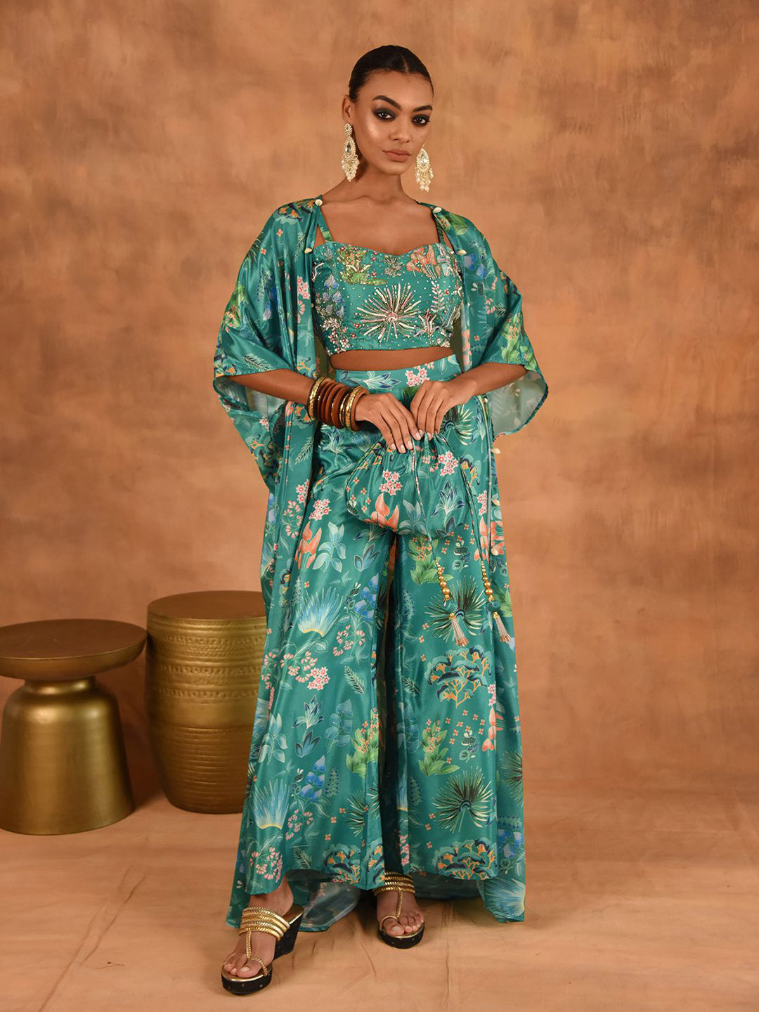 Laalzari Rama Green Printed Crop Top Palazzo Cape Set