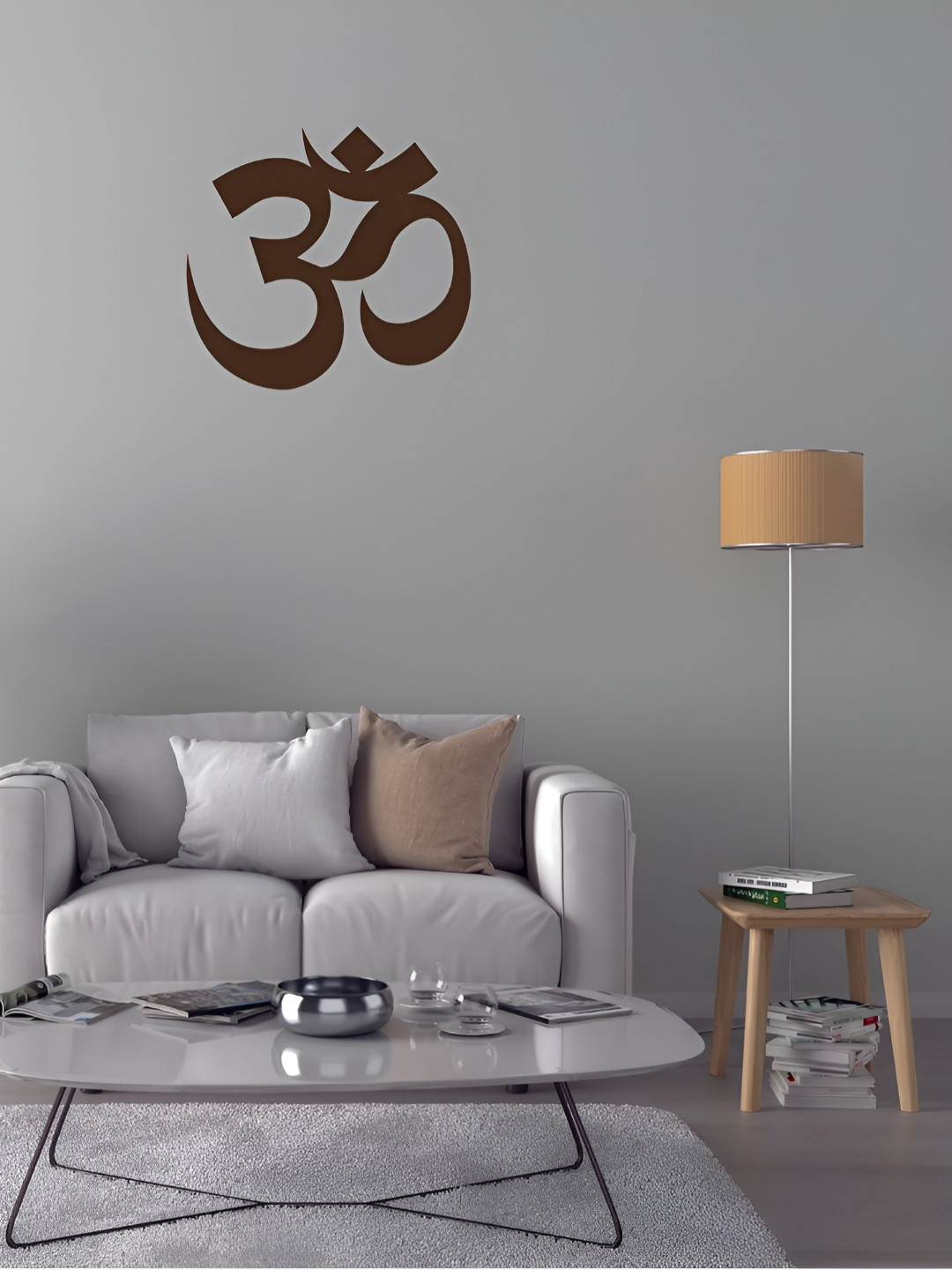DEKORSTATION Brown Textured Wooden Laser Cut Om Symbol Shaped Wall Lamp
