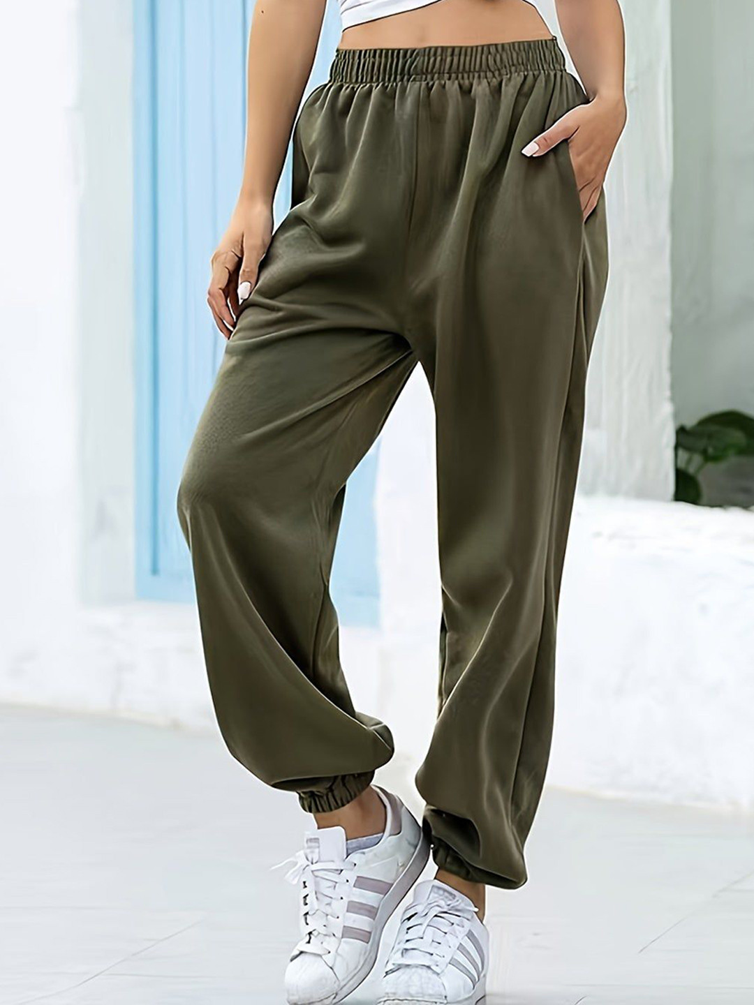 Outzidr Green Basic Solid Elasticated Joggers