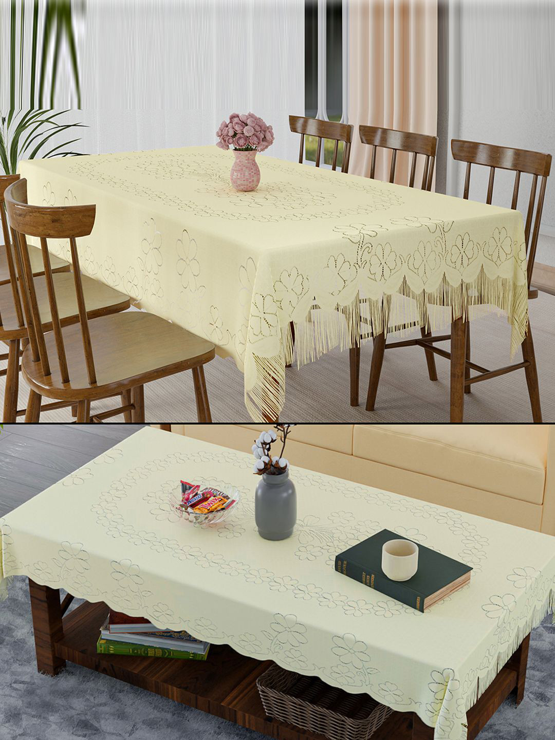 Kuber Industries Cream-Coloured 2 Pieces Printed Cotton Dining Cover & Center Table Cover