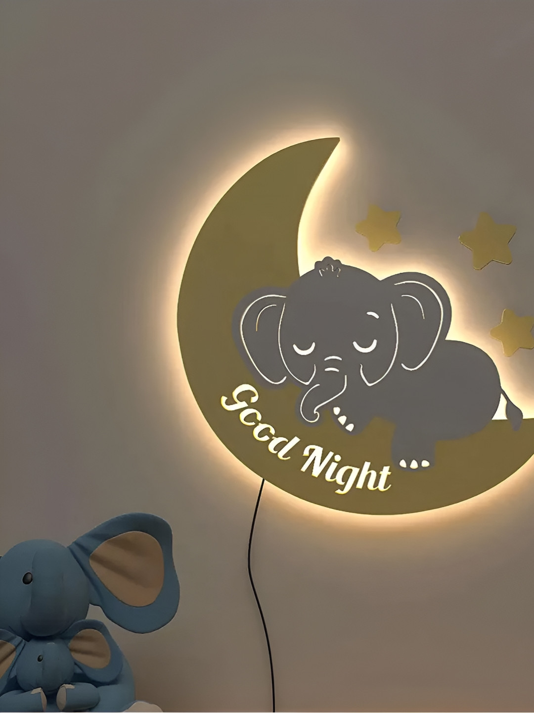 DEKORSTATION Yellow & Grey Textured Wooden Sleeping Baby Elephant Over the Moon Wall Lamp