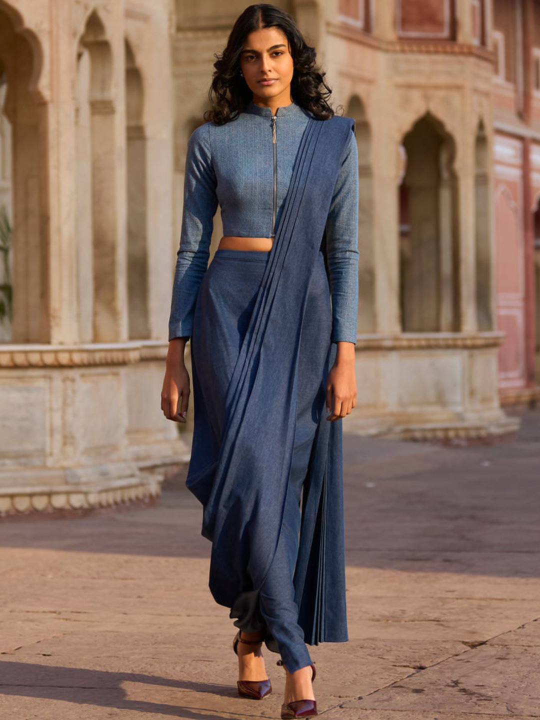 Dash and Dot Denim Zip Shirt and Sari Skirt
