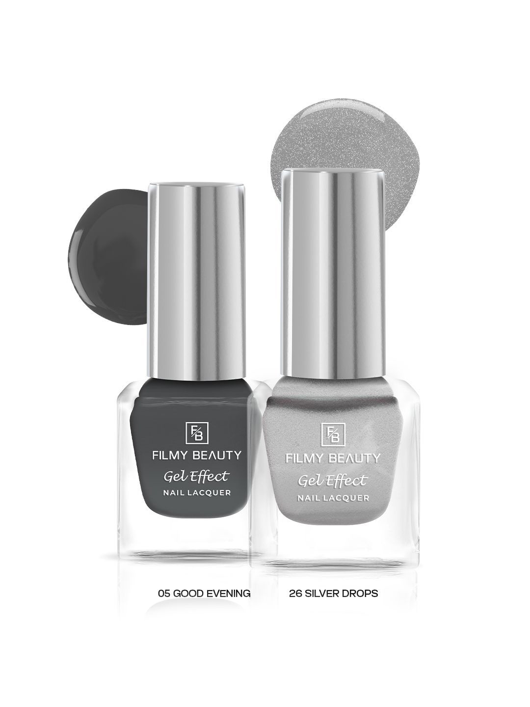 FILMY BEAUTY Set Of 2 Gel Effect Nail Polish- 10 ml Each- Good Evening 05- Silver Drops 26