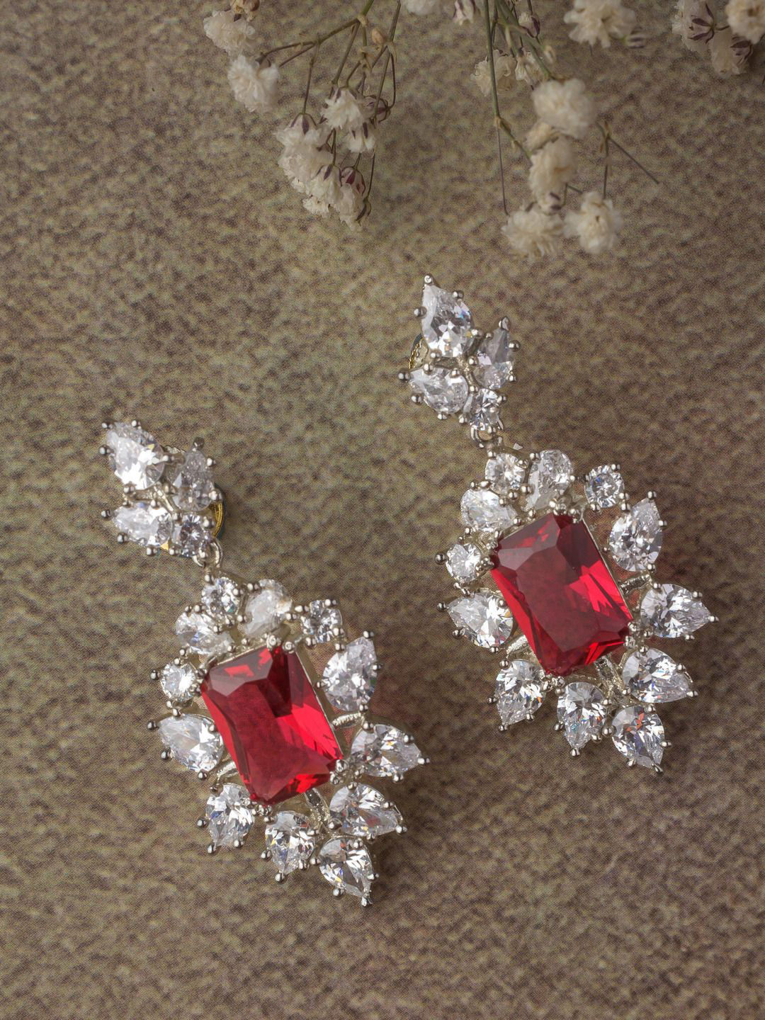 vivinia BY VIDHI MEHRA Florence Silver-Plated Stones Studded Geometric Drop Earrings