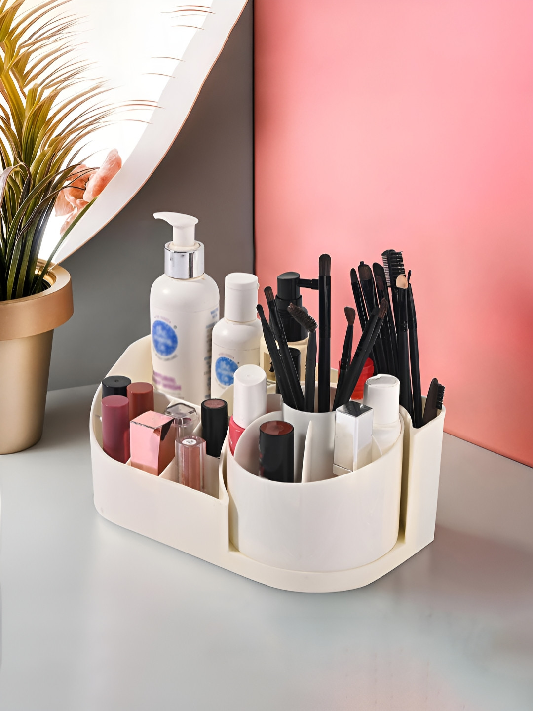 Aura Off White Rotating Skincare & Makeup Organizer Stand for Bedroom Cosmetic Organizer
