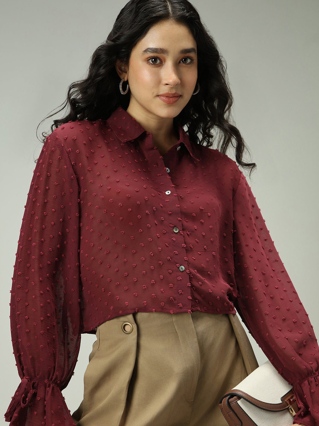 Outzidr Maroon Self Design Textured Shirt