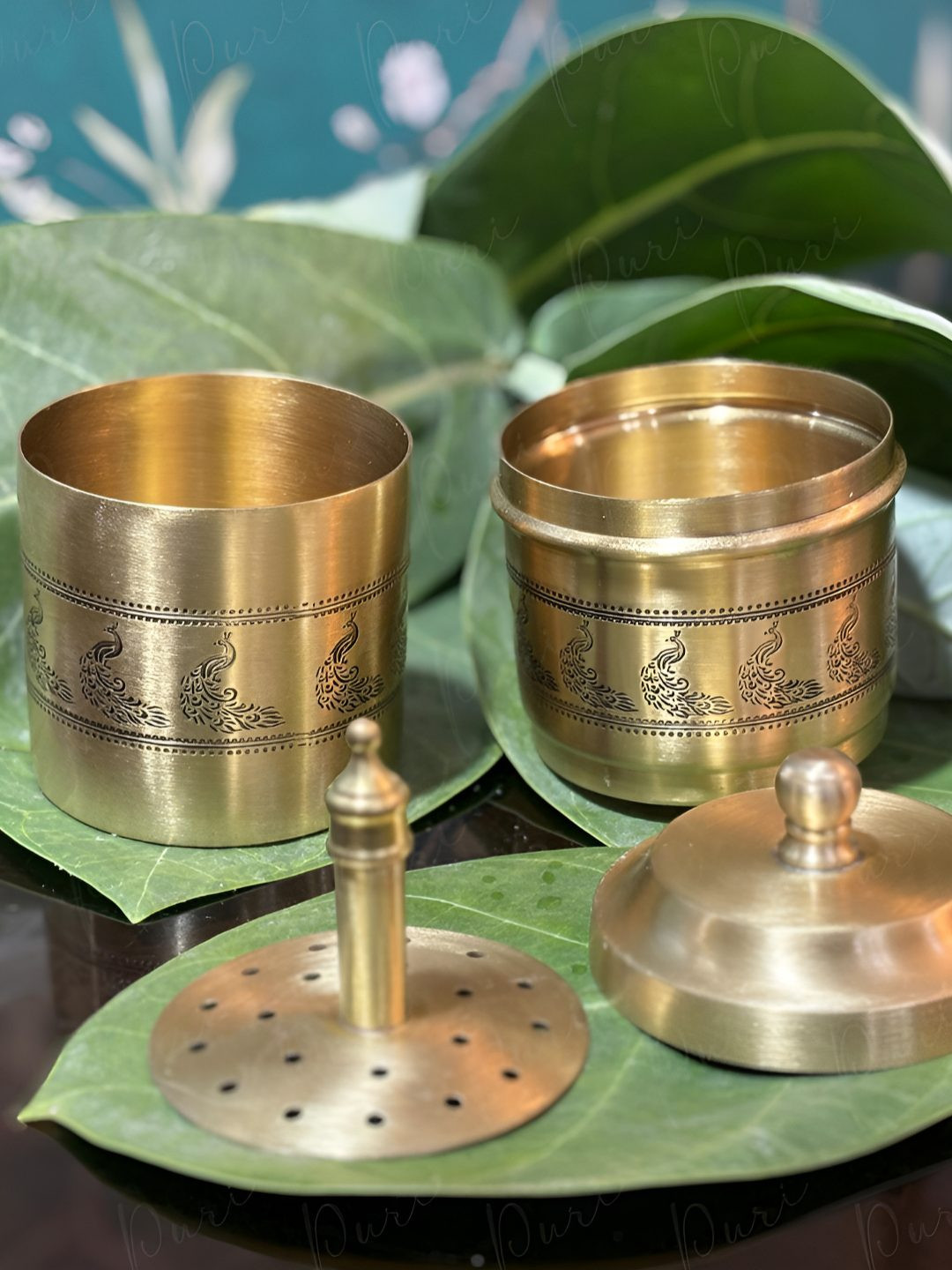 PURI Indian Peacock Coffee Filter with Dabara Set and 1 Small Spoon Matt Finish 150 ML