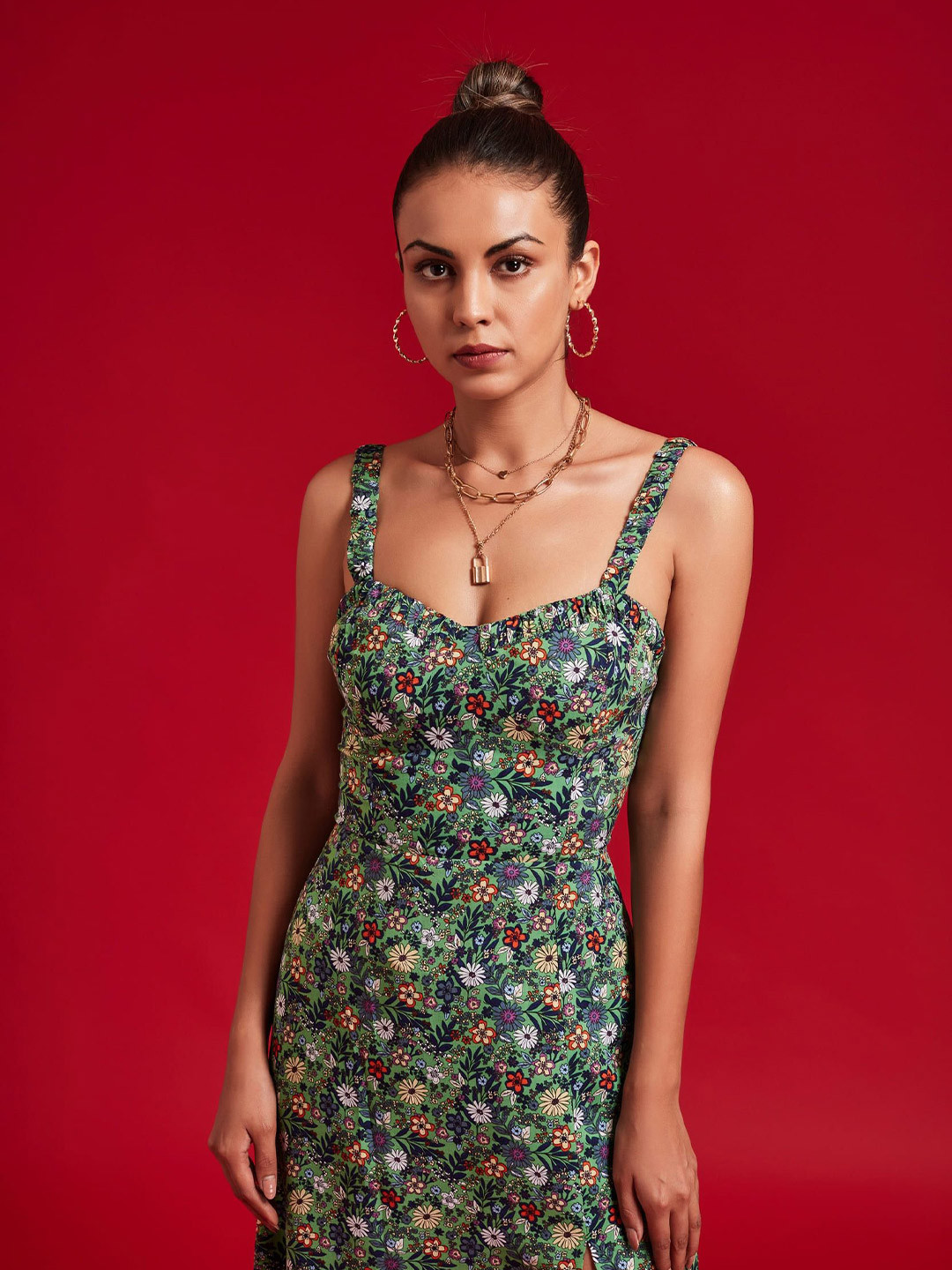 THE CLOTHING FACTORY  Women Floral Print A-Line Slits Dress