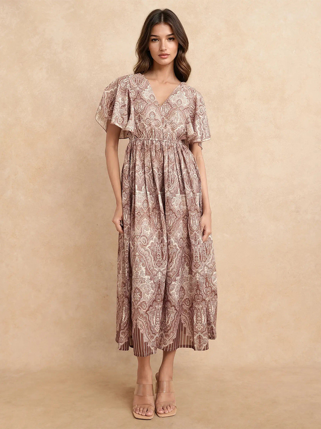 RAREISM RONRUF Women Light Brown Paisley Printed Flared Sleeve Midi Dress
