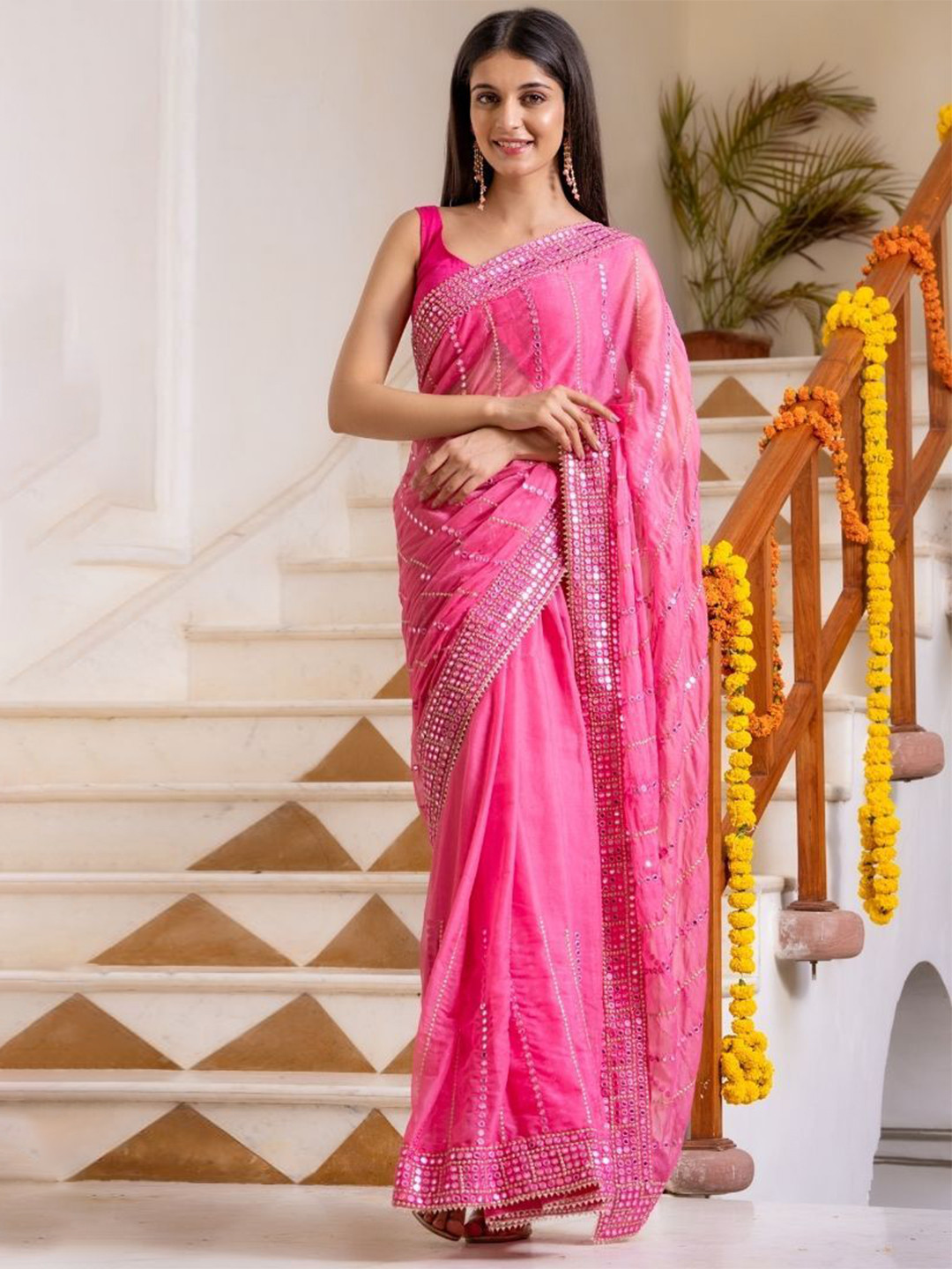 HOUSE OF JAMOTI Embellished Pink Mirror Work Saree