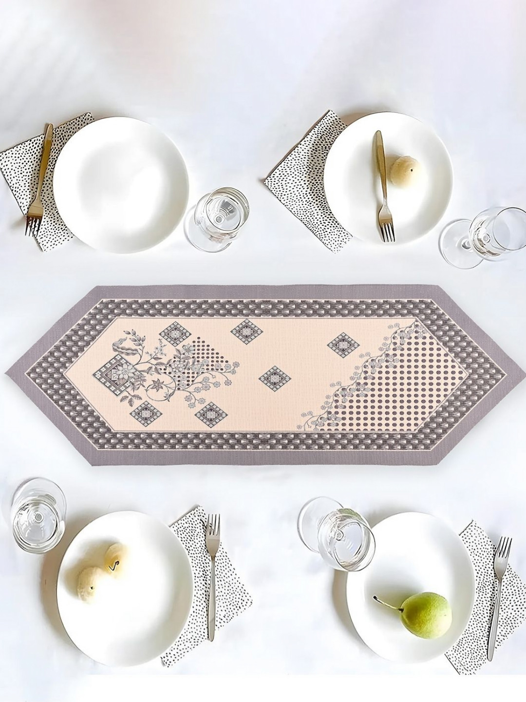 Aura Cream-Colored & Grey Printed Cotton Table Runner