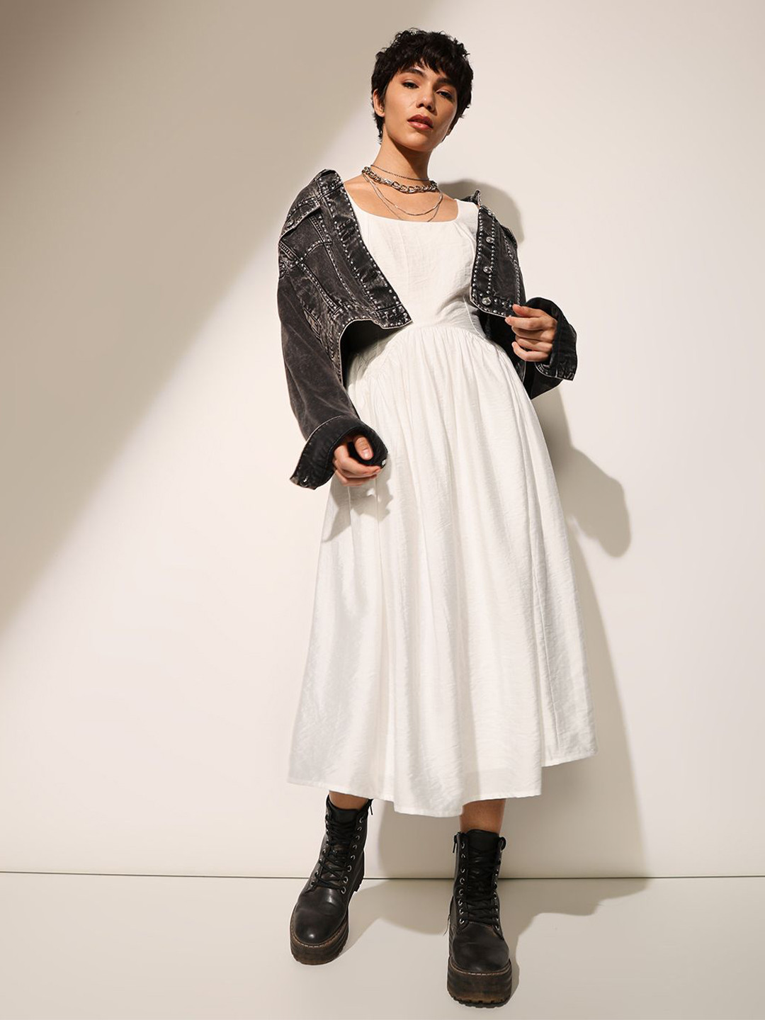 ONLY Women Solid White Square Neck Fit & Flare Midi Dress