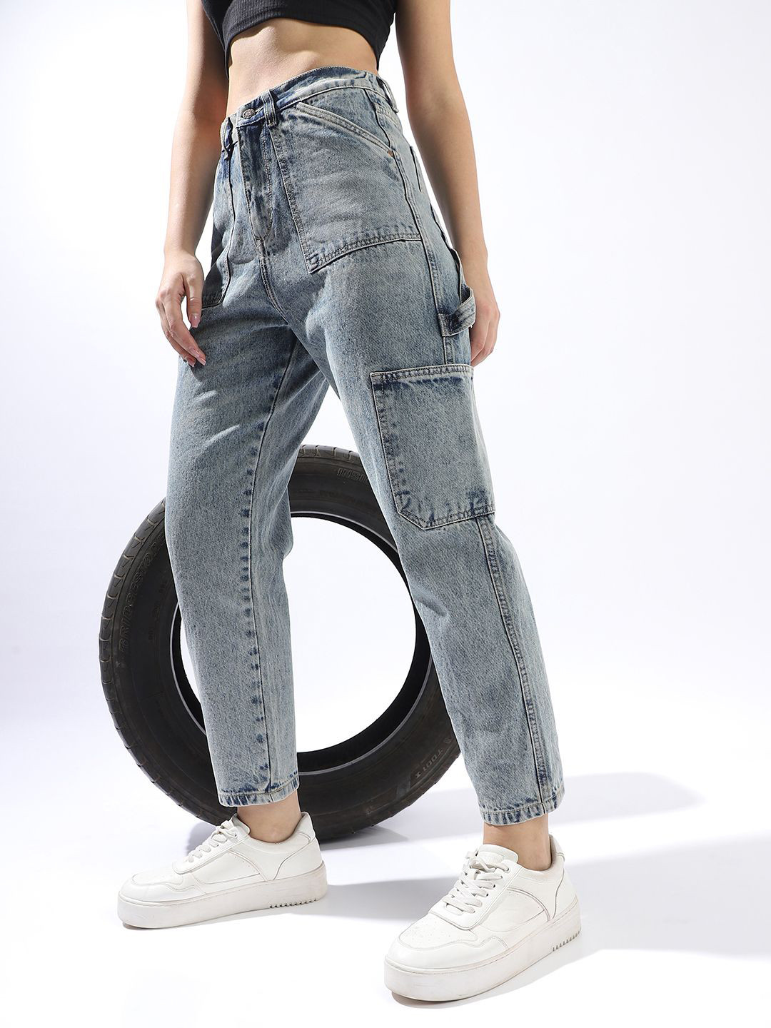 High Star Women Mom Fit Carpenter Utlity Cargo High-Rise Light Fade Cotton Crop Jeans