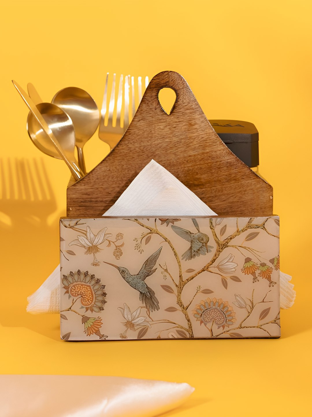 THREADVIBE LIVING Brown & Blue Birdflower Pattern Wooden Cutlery Holder