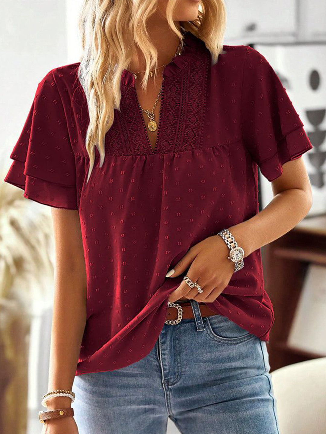 Outzidr Wine Top With Ruffle Sleeve