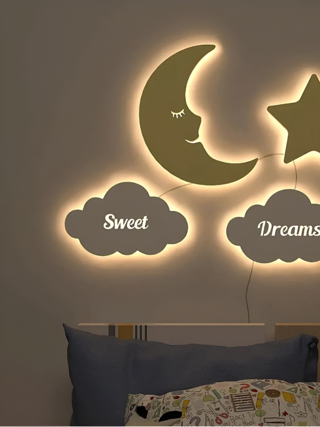 DEKORSTATION Yellow & White Textured Wooden Sweet Dreams Moon & Star Shaped Wall Lamp