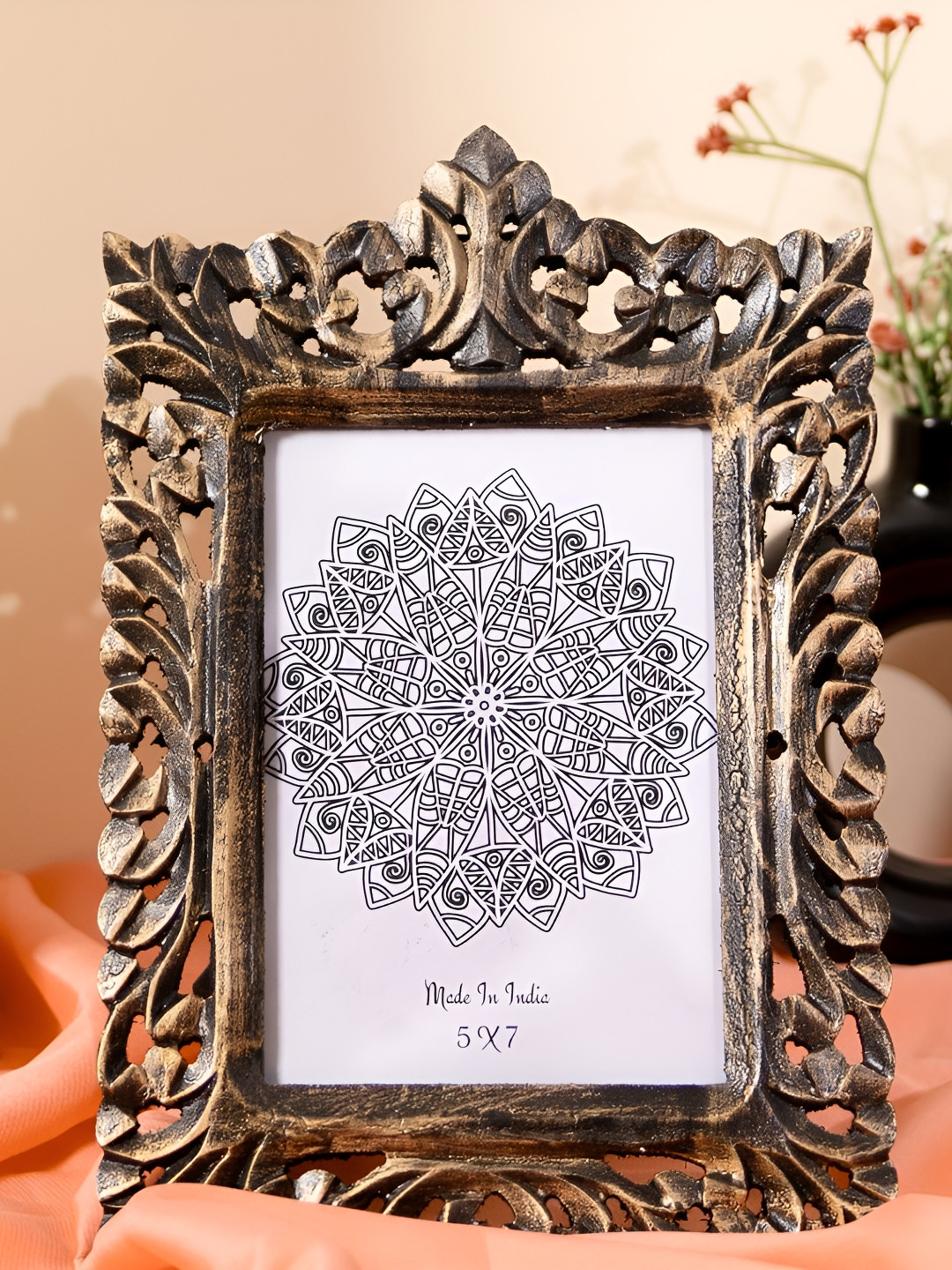 THREADVIBE LIVING Gold-Toned & Black Textured Wooden Table Photo Frame