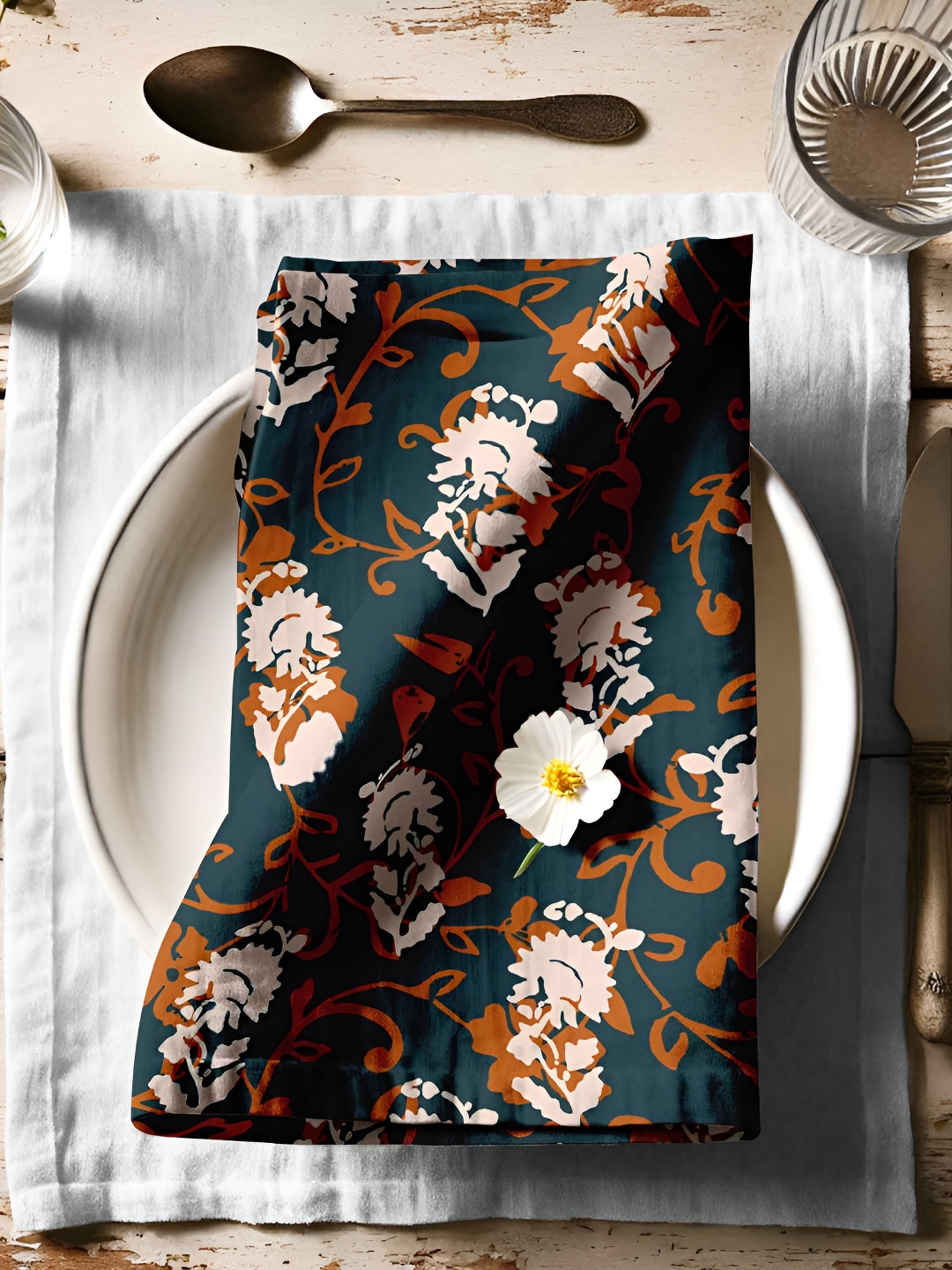 Vargottam Teal & White 12 Pieces Printed Cotton Reusable & Disposable Table Napkins