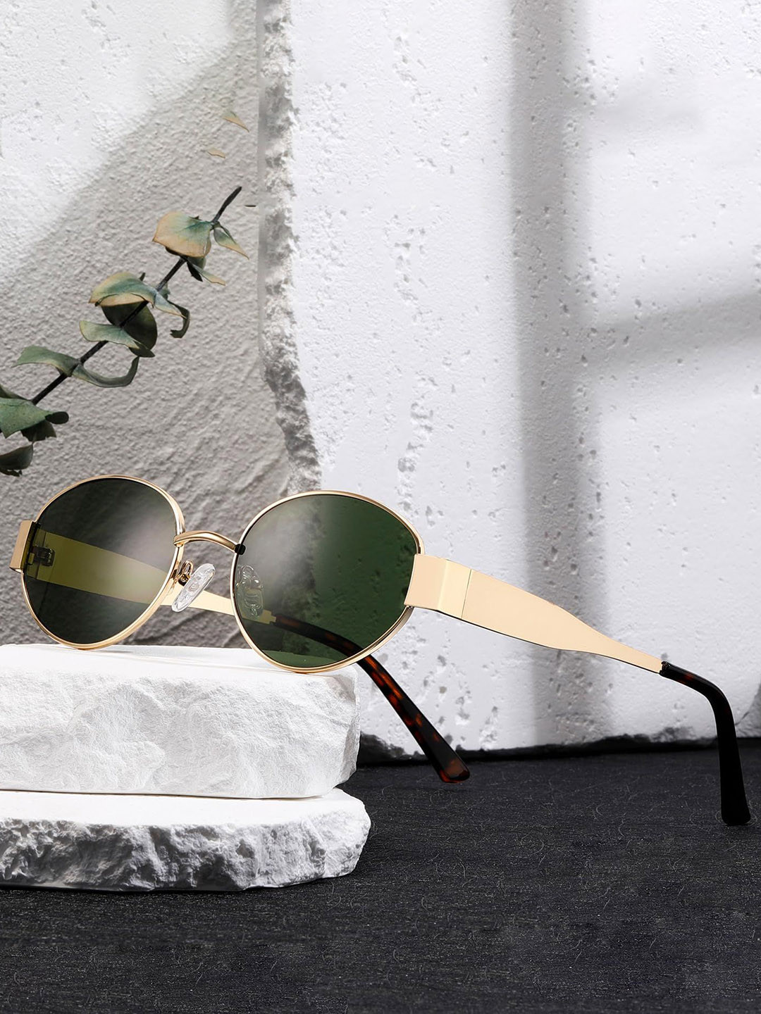 LIZA ANGEL Unisex Oval Sunglasses with UV Protected Lens OVAL_GOLD_GREEN_MATTE