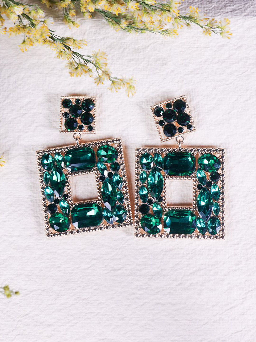 Senshi Goblin Gold-Plated Artificial Stones Studded Geometric Shaped Drop Earrings