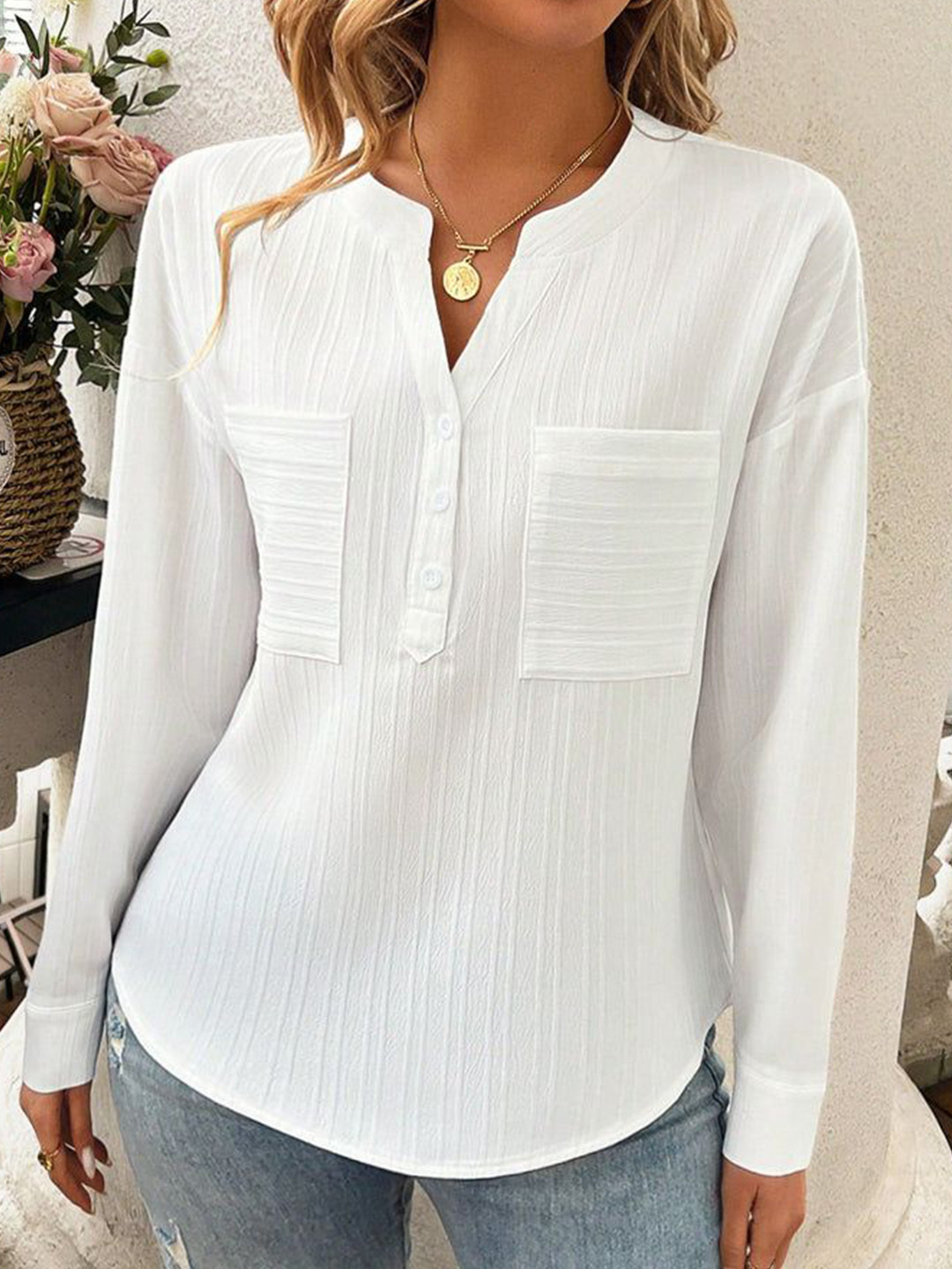 Outzidr White Vertical Striped V-Neck Shirt Style Top